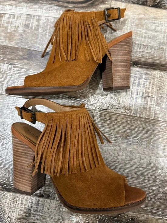 Lucky Brand Tan Suede Fringe Block Heel Sandals - Picture 4 of 9